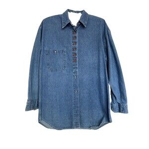 Harolds Womens M Oversized Embroidered Denim Shirt Button Down 100% Cotton Blue